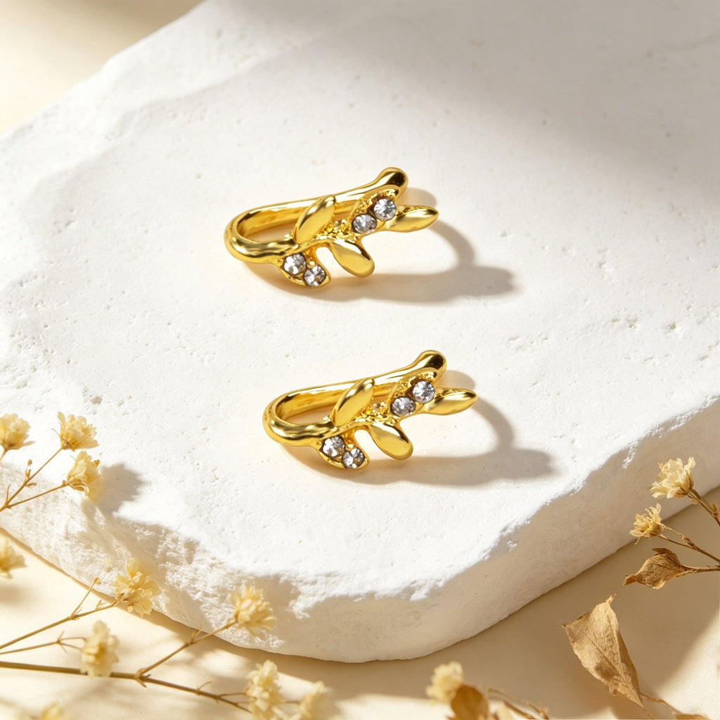 2pcs Gold Wheat Leaf Ear Cuff Women No Piercing Crystal Cartilage Clip Jewelry-3