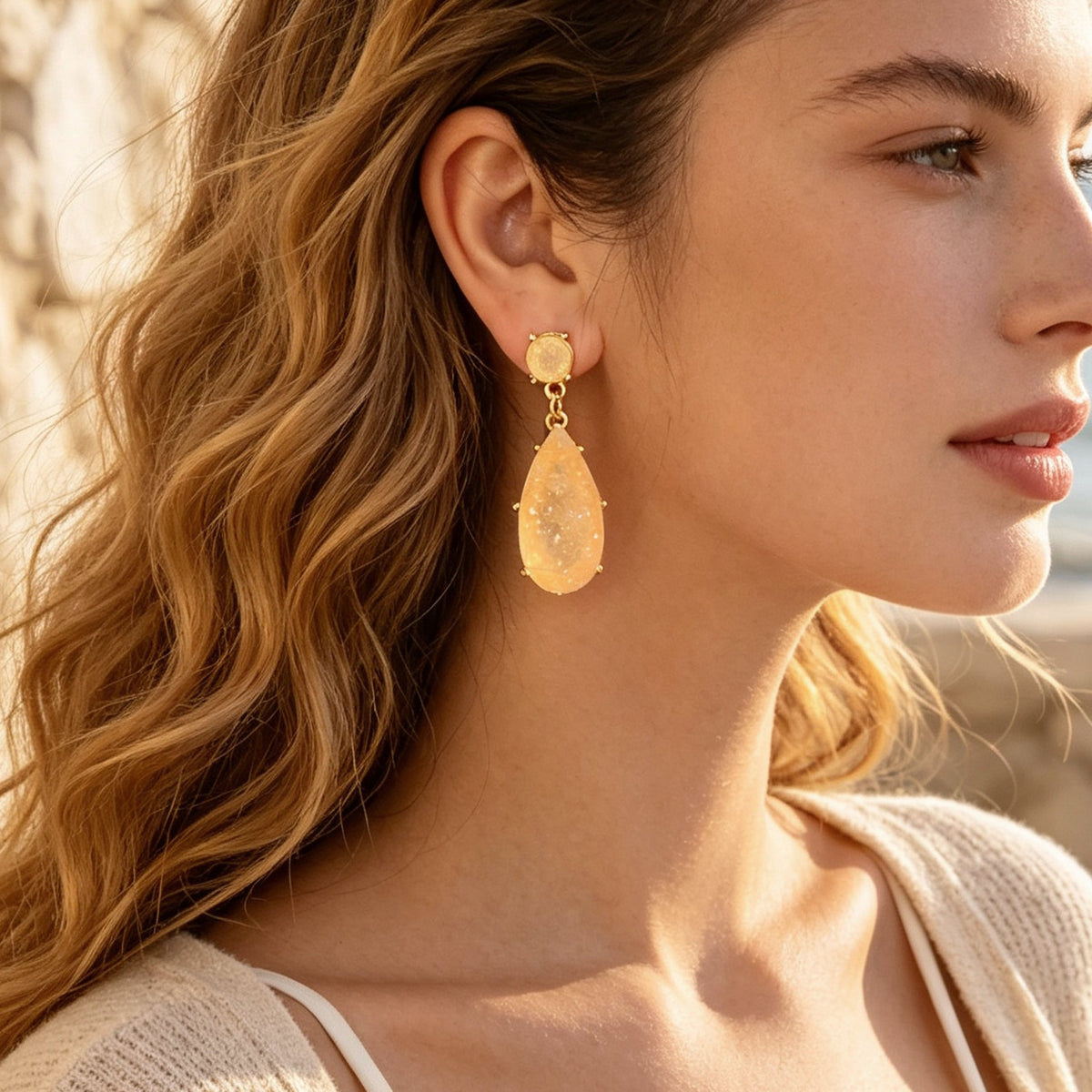 Banquet Party French style Champagne Faux Gemstones Water Drop Dangle Earrings-0