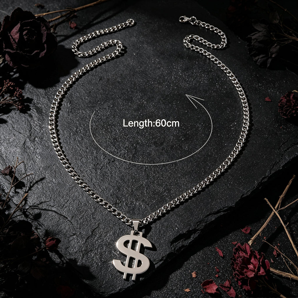 Street Style Silver Dollar Sign Pendant Cuban Chain Necklace Personality Jewelry-3