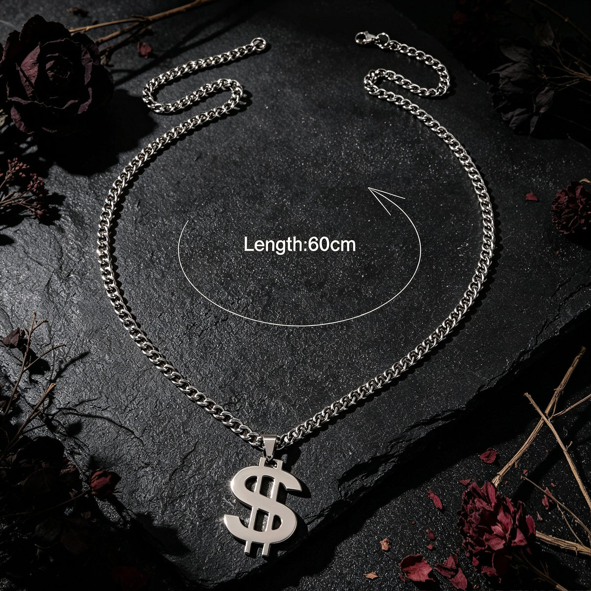 Street Style Silver Dollar Sign Pendant Cuban Chain Necklace Personality Jewelry-3