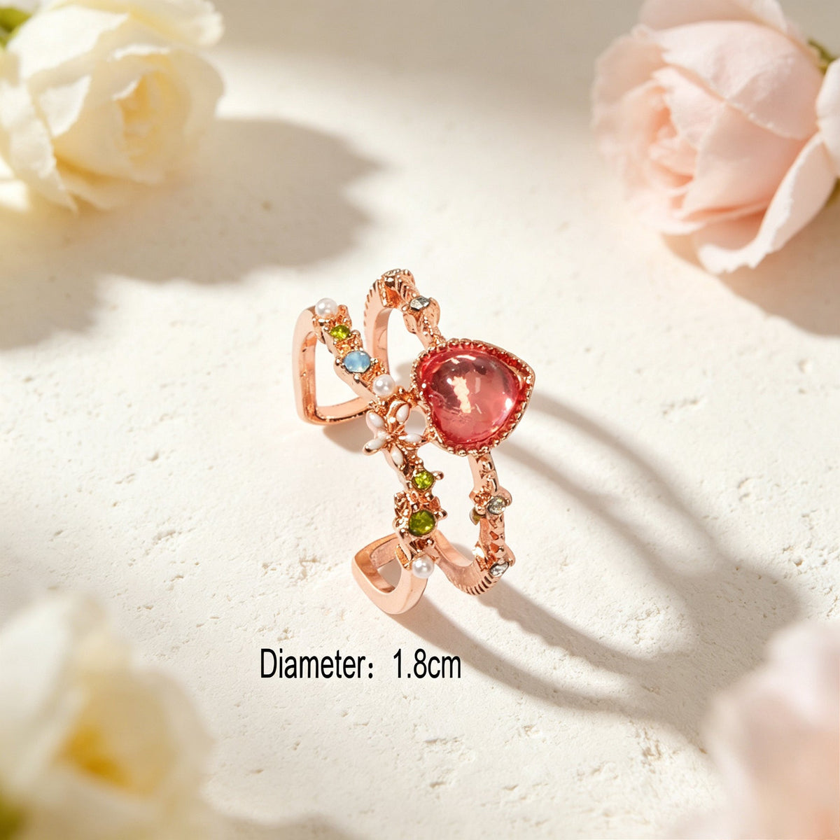 Luxuriant Colorful Rhinestone Imitation Pearl Heart Rose Gold Open Finger Ring-3