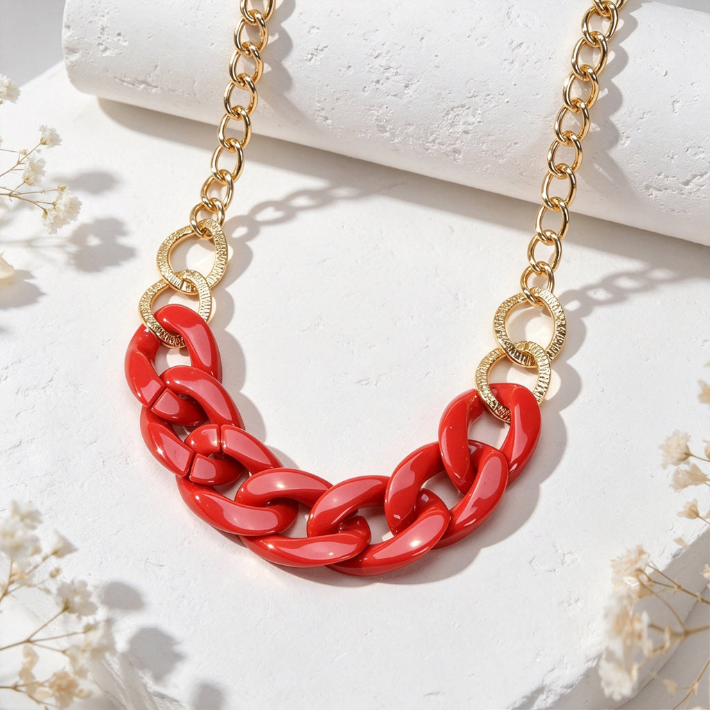 Chunky Red Resin Gold Metal Mixed Chain Collar Necklace Bold Beach Party Jewelry-2