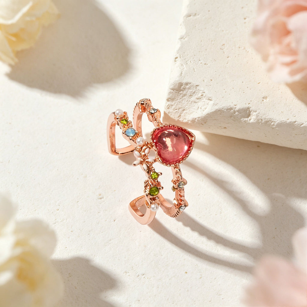 Luxuriant Colorful Rhinestone Imitation Pearl Heart Rose Gold Open Finger Ring-4