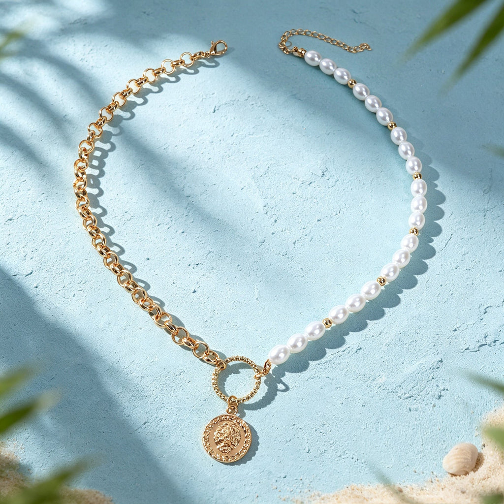 Retro Imitation Pearl Metal Mixed Chain Coin Pendant Necklace Exquisite Jewelry-4