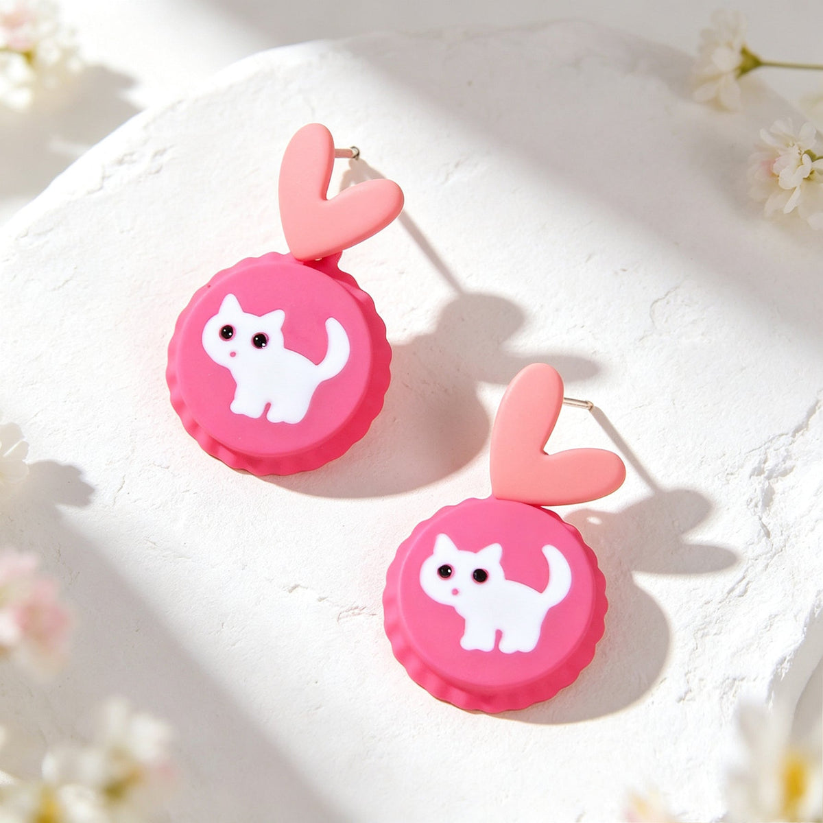 Cute Hotpink Heart Cartoon White Cat Drop Earrings Sweet Lovely Jewellery Gift-4