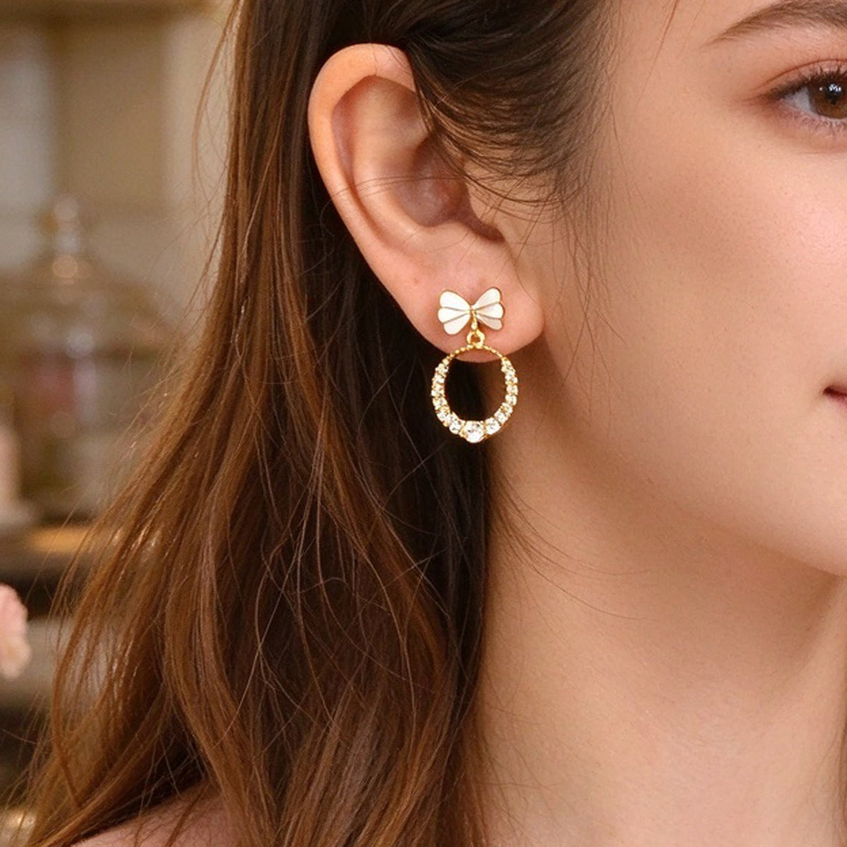 Sweet White Bow Sparkling Faux Crystal Circle Drop Earrings Elegant Jewelry Gift-0