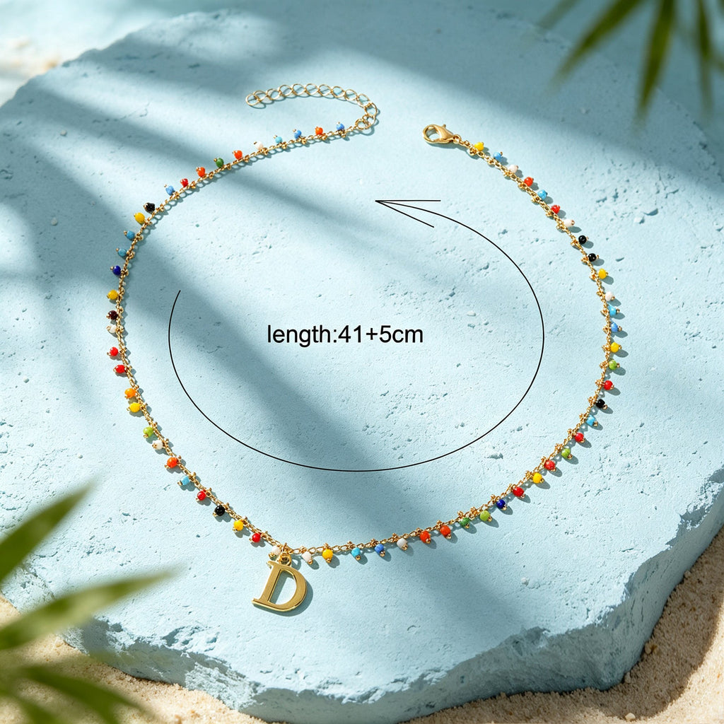 Colorful Beaded Initial Letter D Necklace Bohemian Beach Vacation Jewellery Gift-4