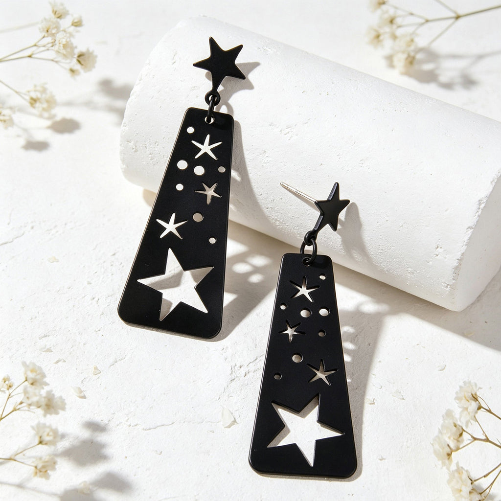 Creative Jewelry Party Black Hollow Star Trapezoid Geometric Long Dangle Earring-3