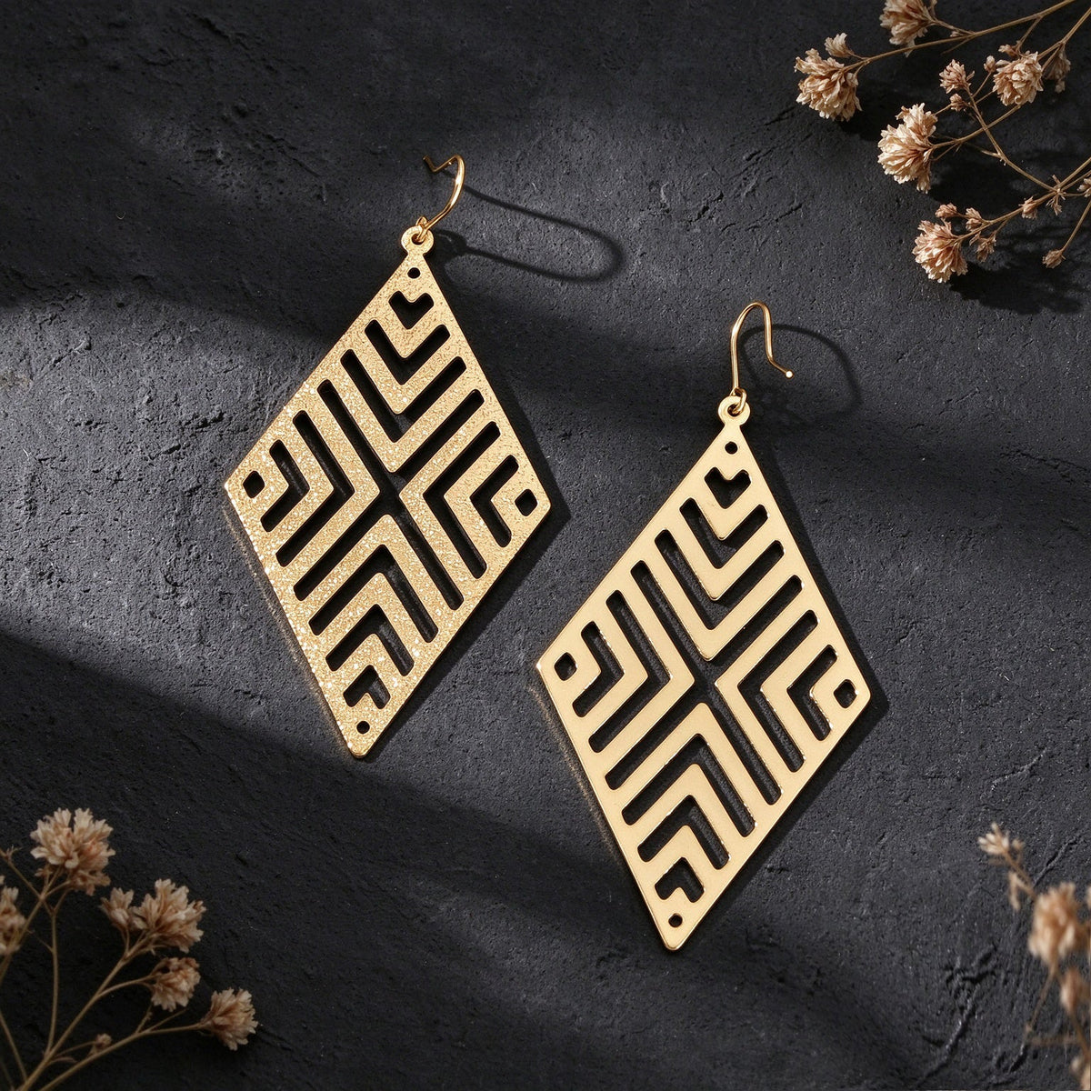 Rhombus Hollow Geometric Large Dangle Earring Black Silver Gold Vacation Jewelry-4