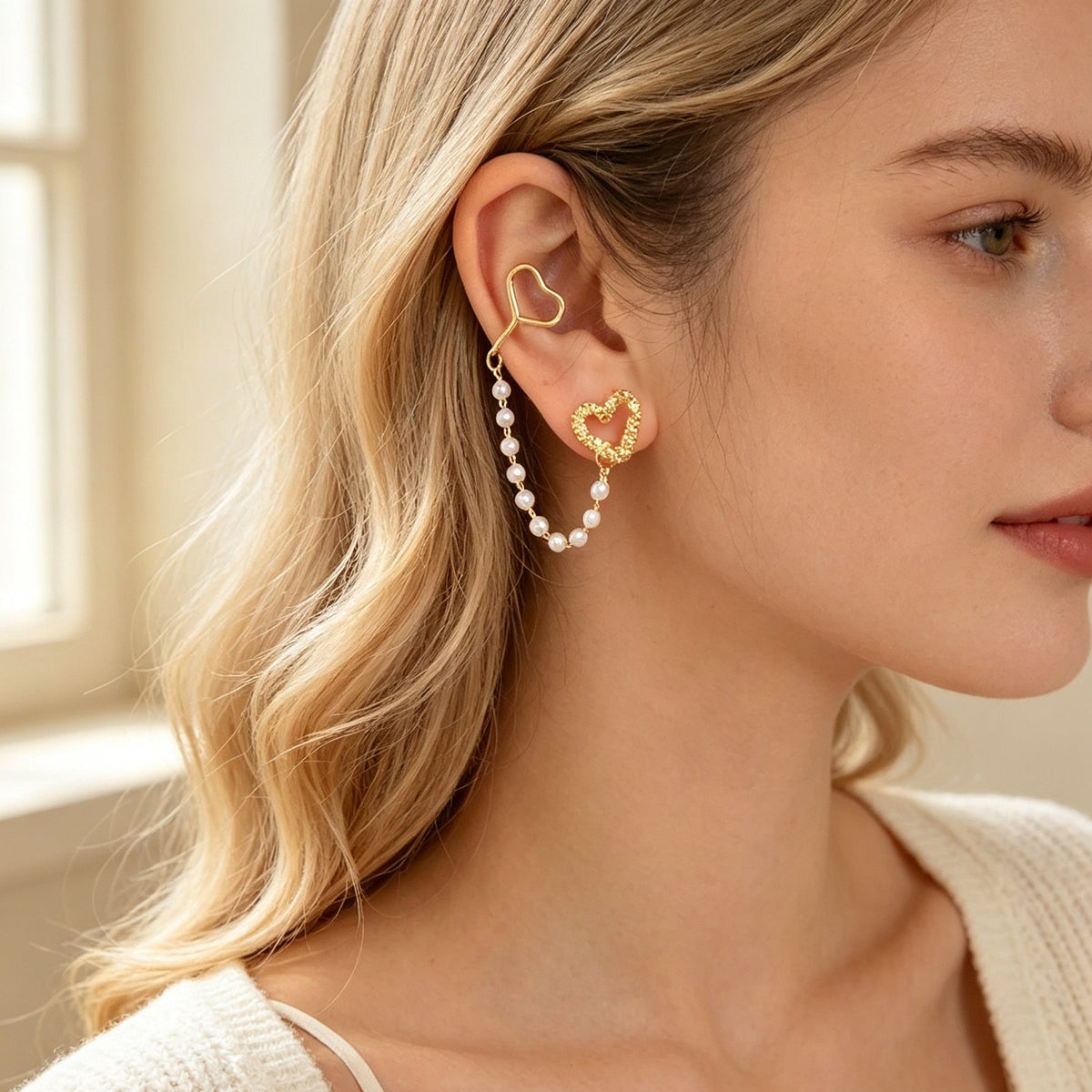 1pc Designer Jewelry Ear Cuff Pearl Gold Chain Heart Love Stud Cartilage Earring-4