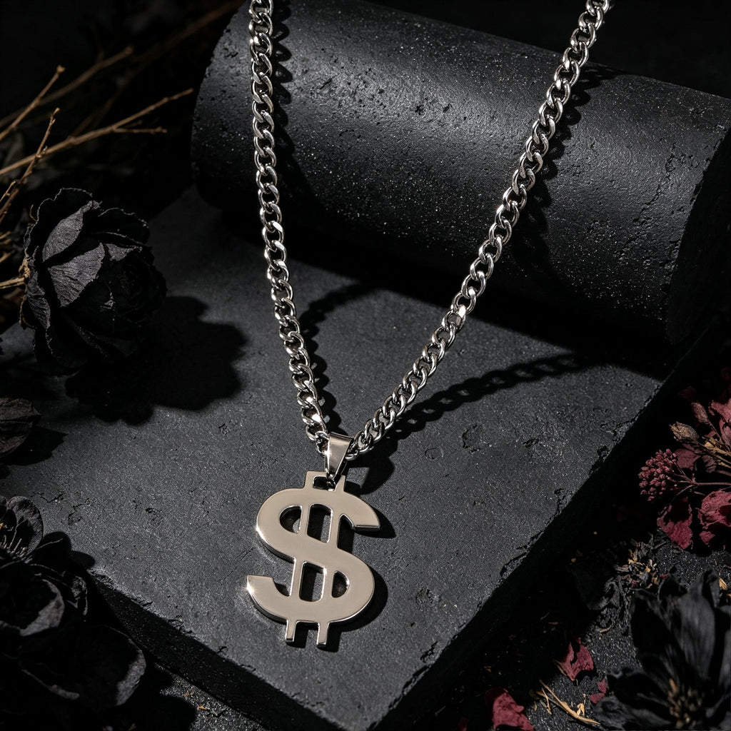 Street Style Silver Dollar Sign Pendant Cuban Chain Necklace Personality Jewelry-4