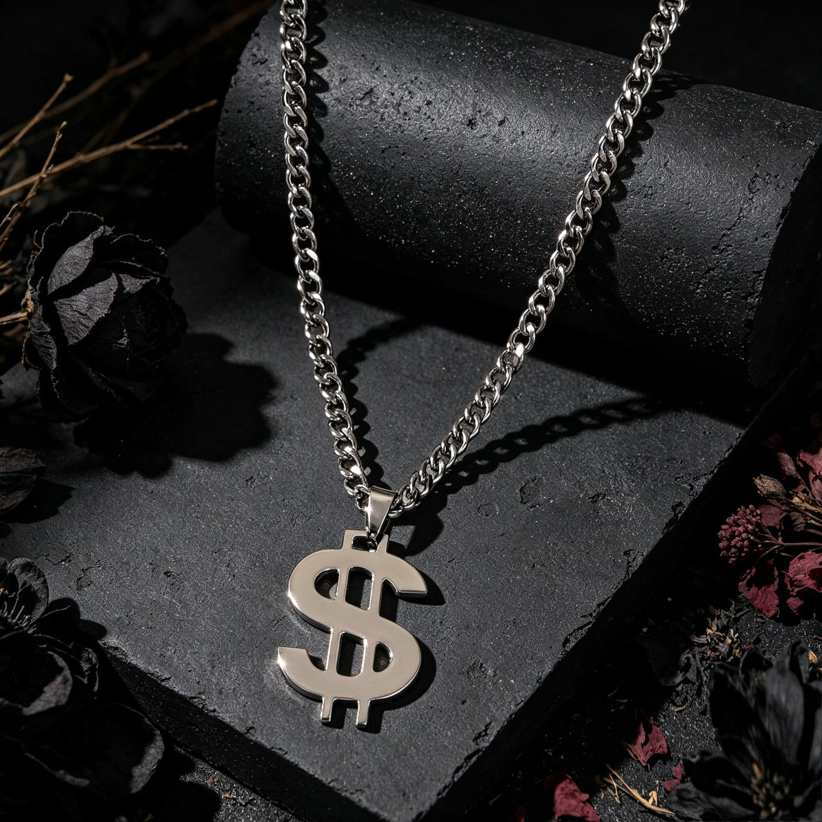 Street Style Silver Dollar Sign Pendant Cuban Chain Necklace Personality Jewelry-4