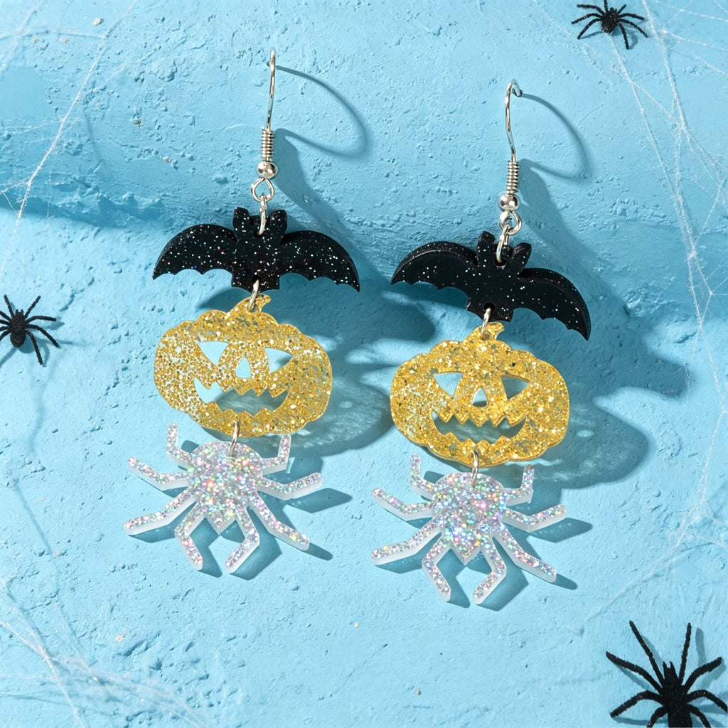 Halloween Glitter Bat Pumpkin Spider Drop Earrings Spooky Holiday Party Jewelry-4