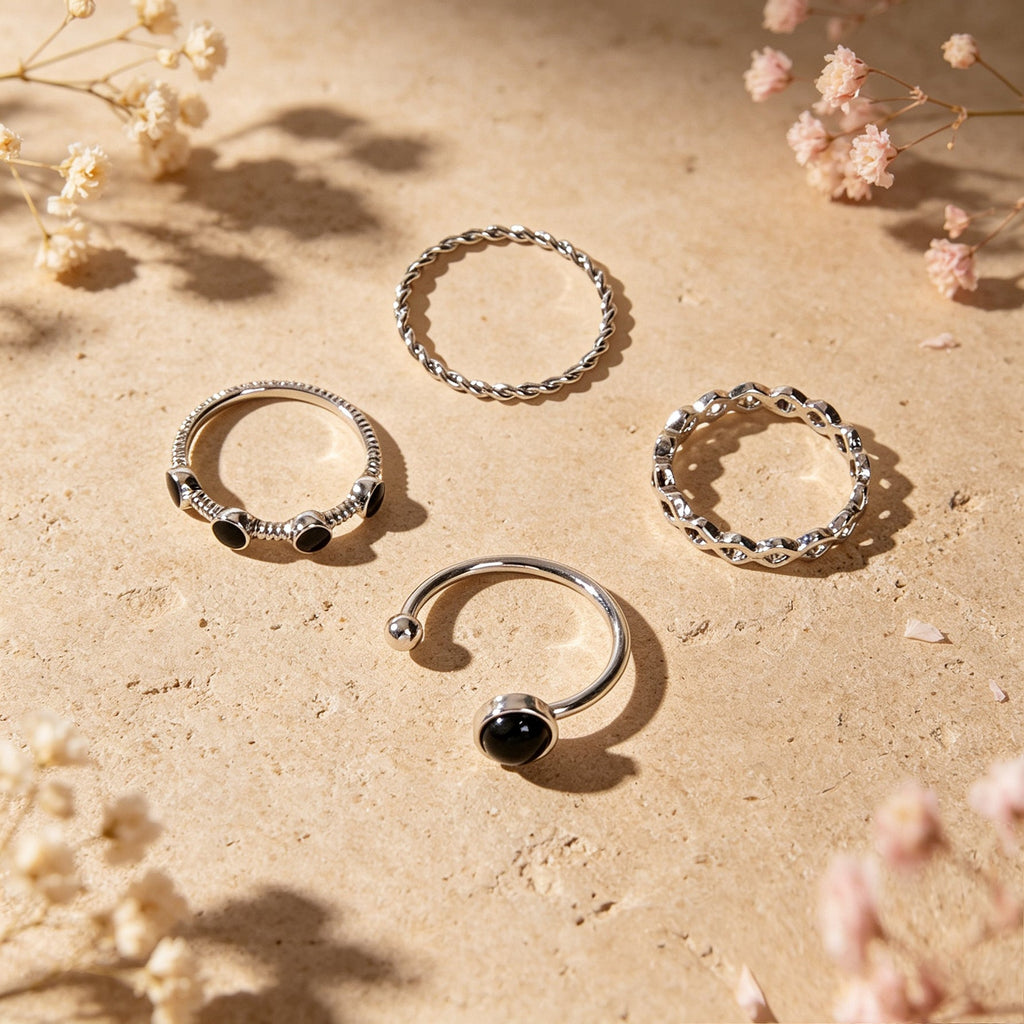 4pcs Geometric Element Silver Stackable Knuckle Midi Thread Finger Rings Set-4