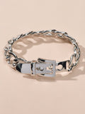 Punk Goth Hip Hop Style Silver Stainless Steel Thick Belt Shape Bracelet Gift-0