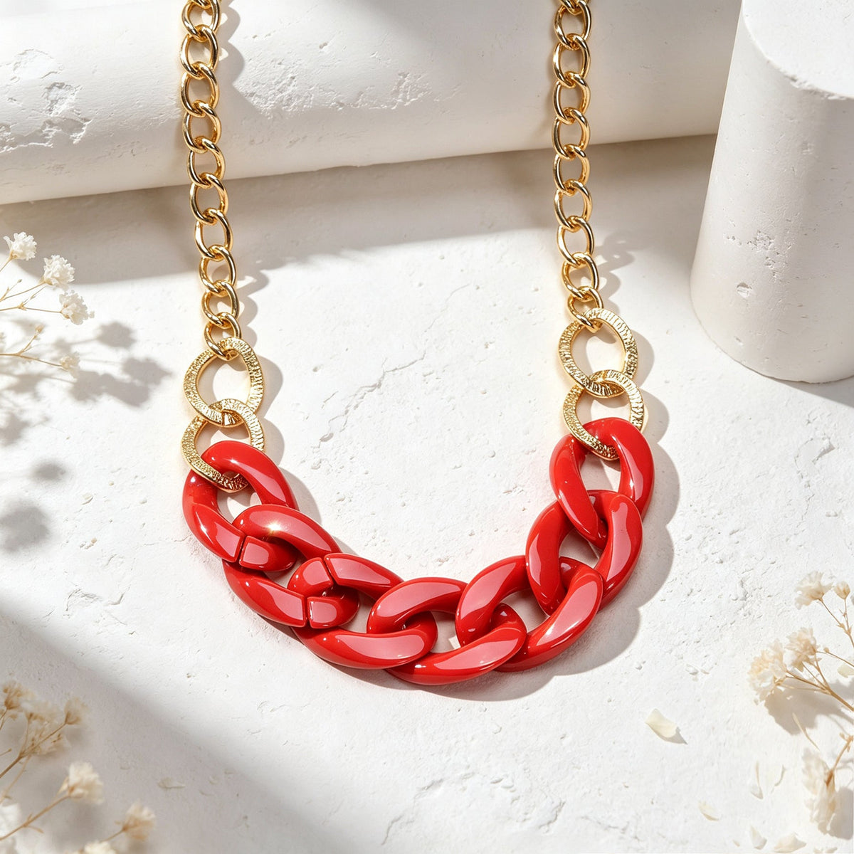 Chunky Red Resin Gold Metal Mixed Chain Collar Necklace Bold Beach Party Jewelry-3