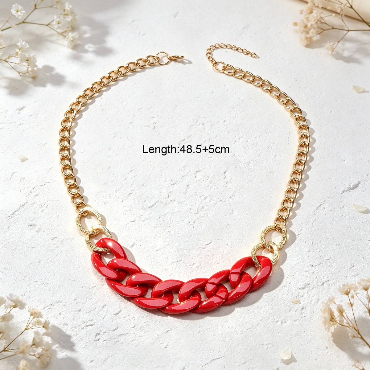 Chunky Red Resin Gold Metal Mixed Chain Collar Necklace Bold Beach Party Jewelry-4