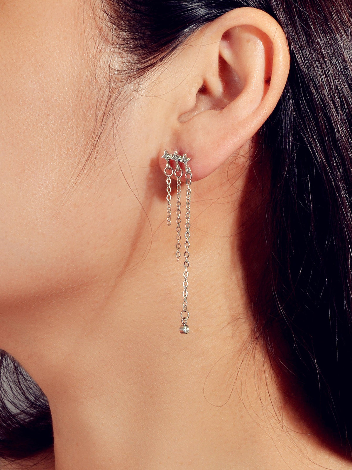 Designer Jewellery Rhinestone Star Silver Chain Tassel Asymmetric Stud Earrings