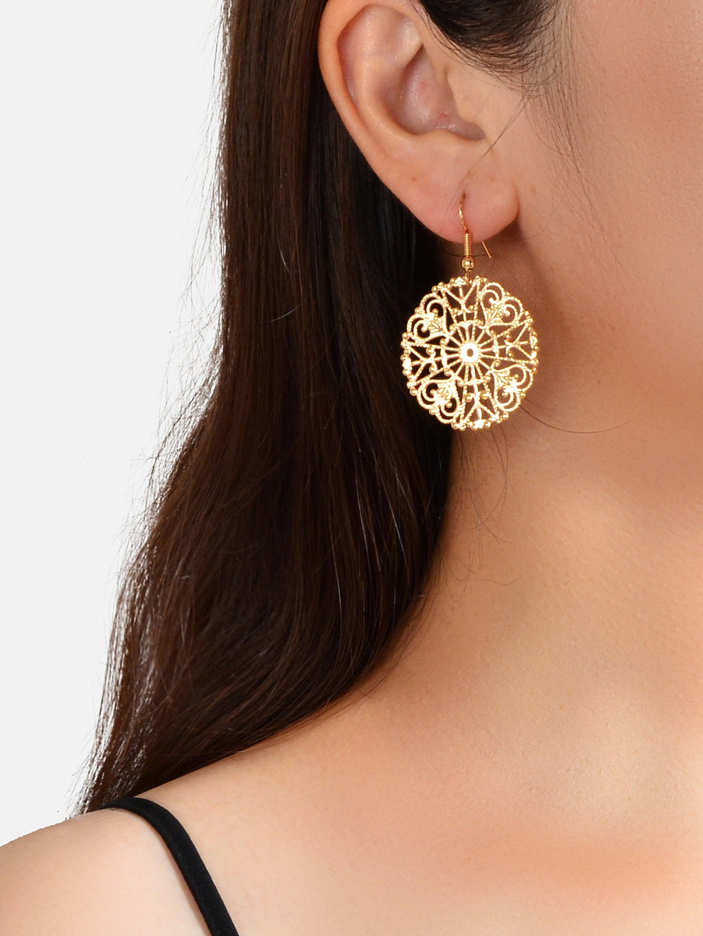 Ladies Jewellery Hollow Gold Silver Flower Pattern Round Trendy Dangle Earrings-3