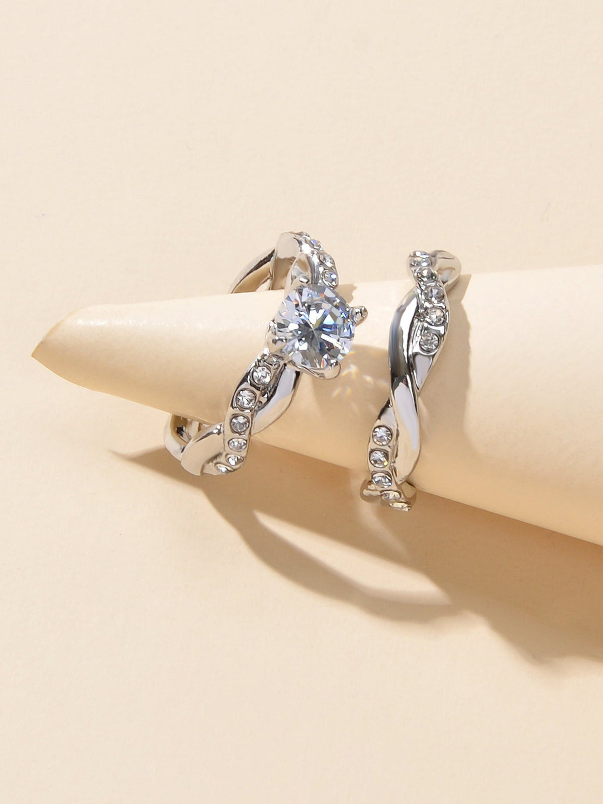 2pcs Luxury Women Band Simulated Diamond Silver Finger Wedding Engagement Ring