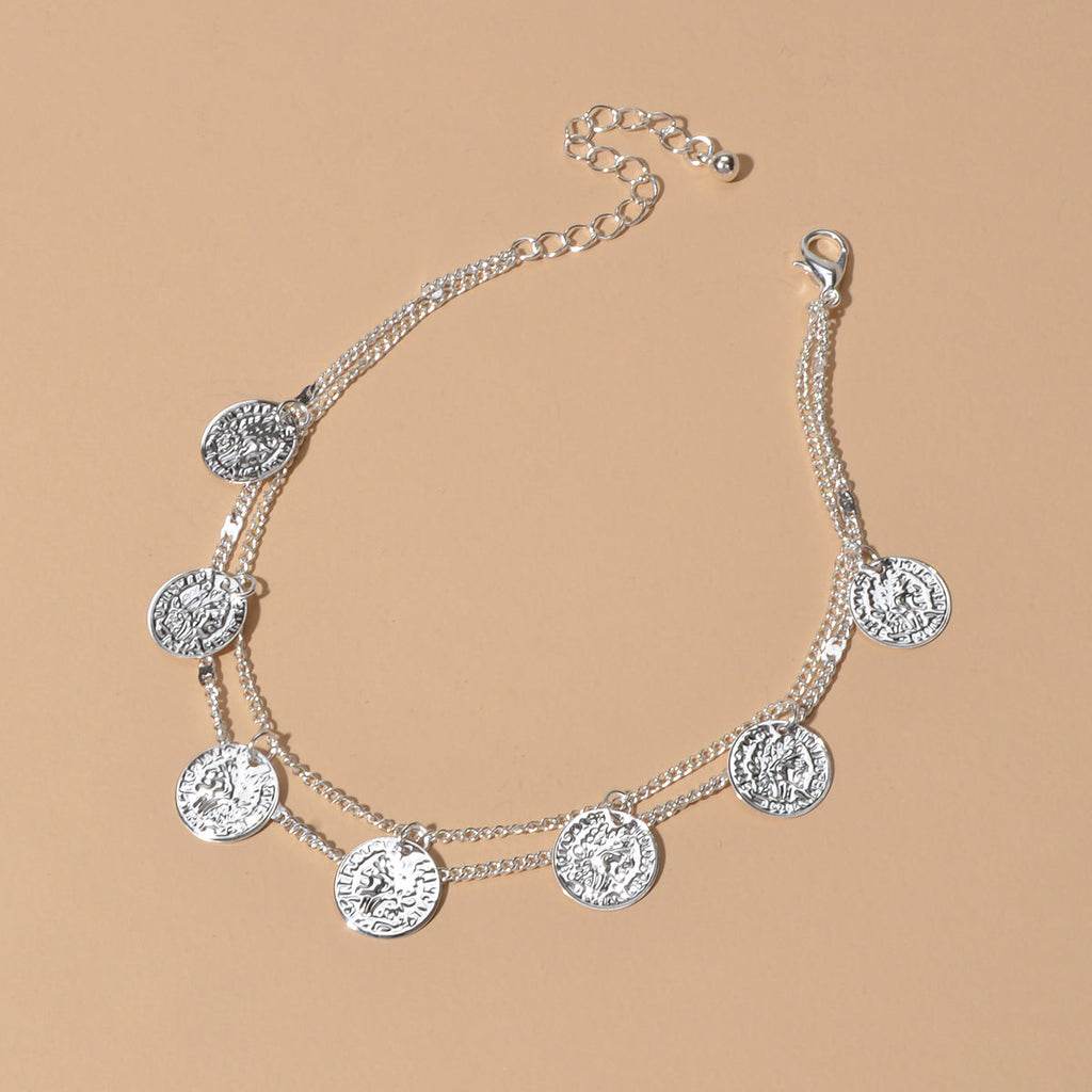 1 pc Boho Chic Double layer Silver Chain Cion Charm Anklet Foot Beach Jewellery-1
