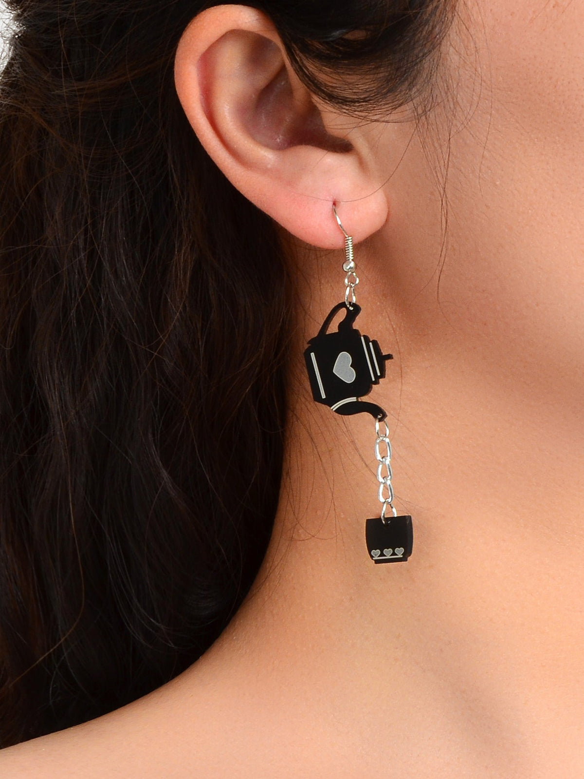 Heart Pattern Black Resin Teapot Cup Dangle Punk Hip Hop Earrings Teens Jewelry
