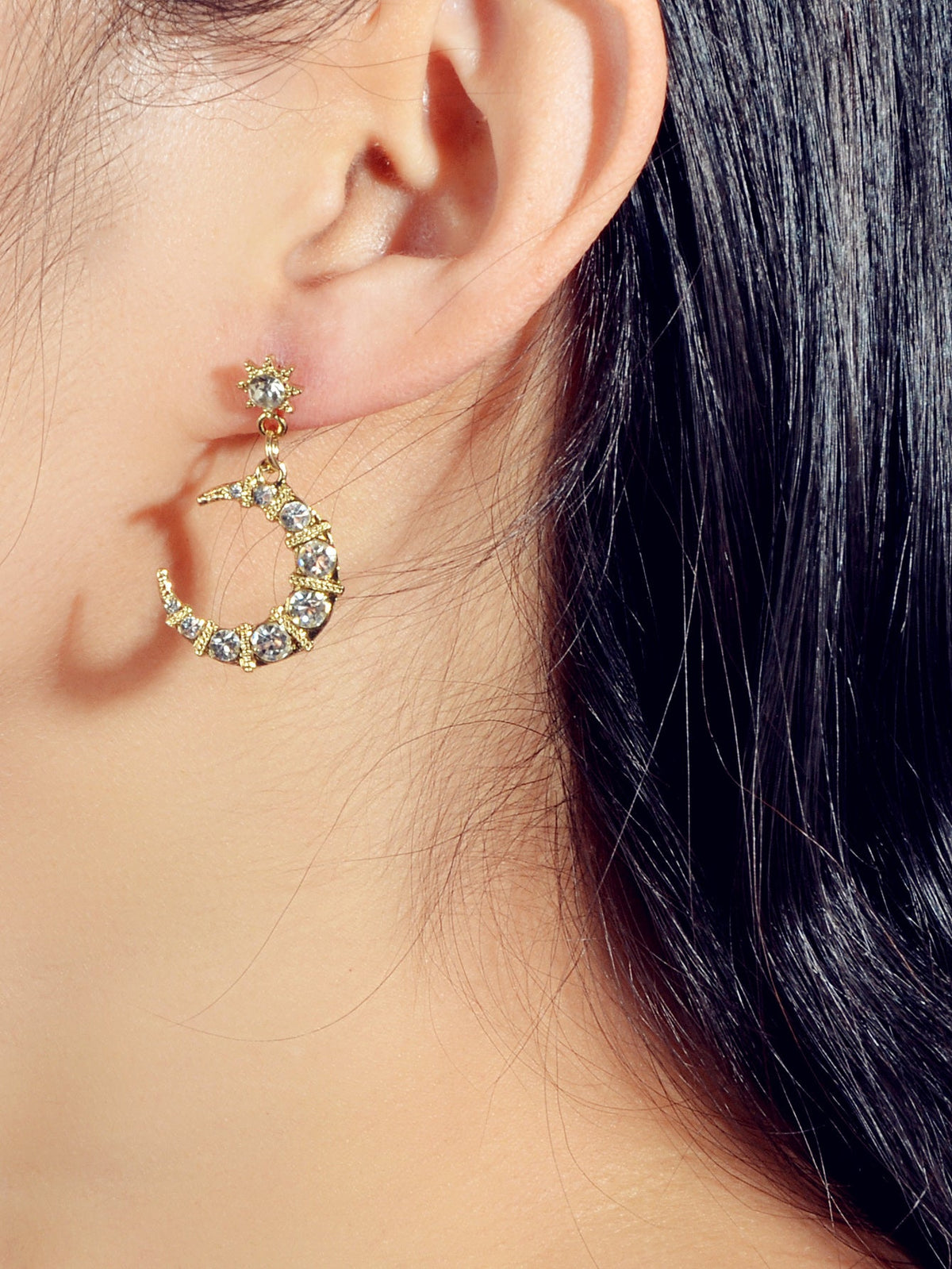 Textured Luxury Full Rhinestone Star Moon Dangle Earrings Wedding Gift Jewellery