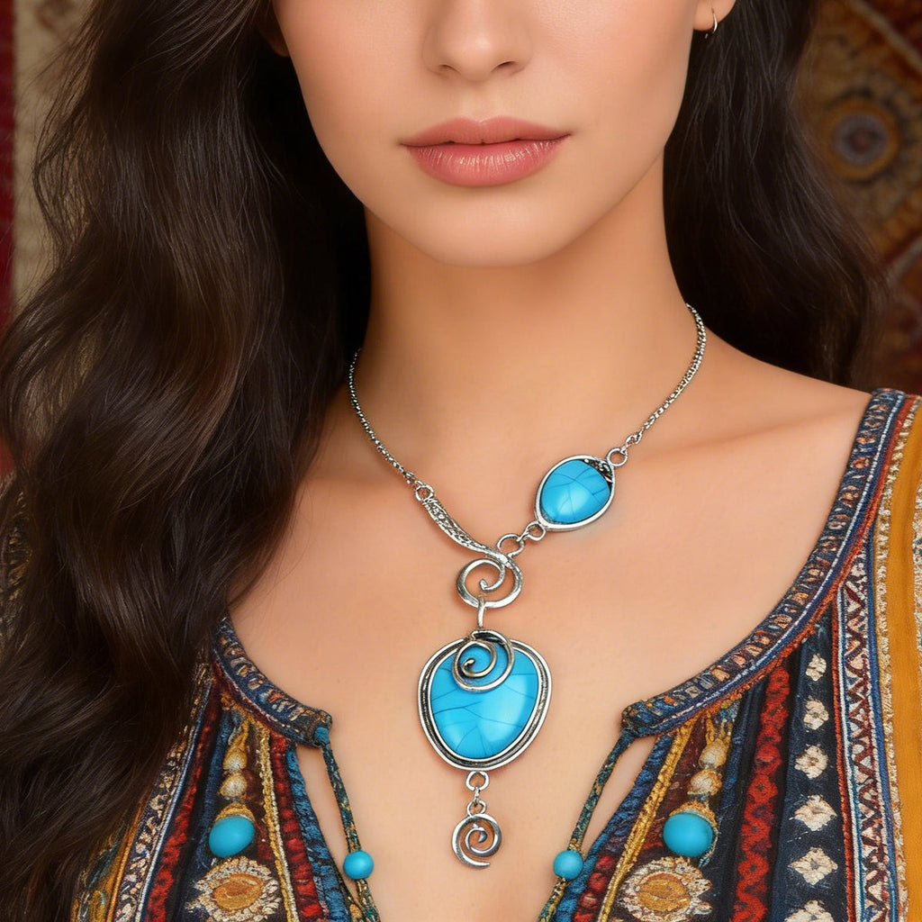 Turquoise Statement Pendant Necklace Antique Silver Jewelry-0