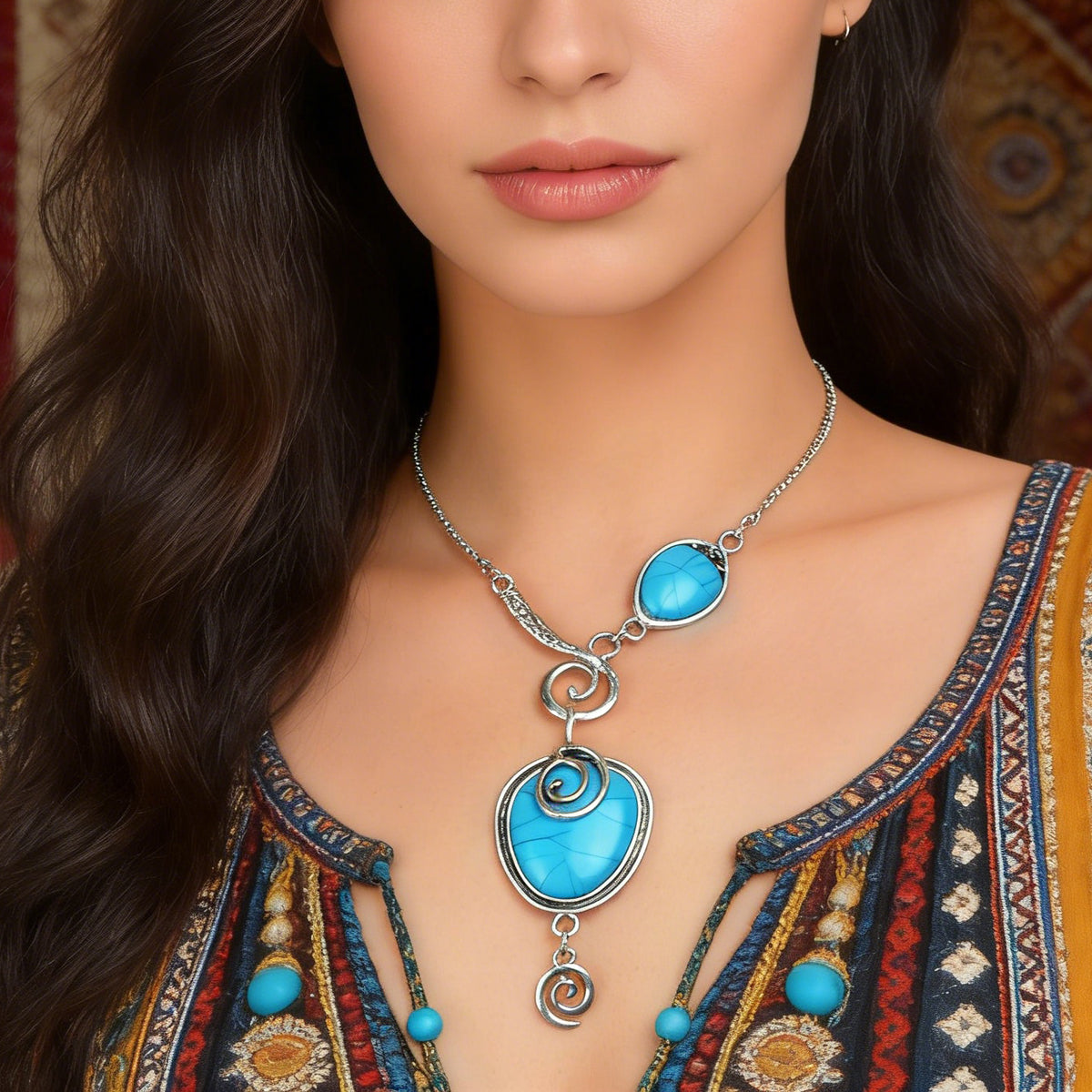 Turquoise Statement Pendant Necklace Antique Silver Jewelry-0