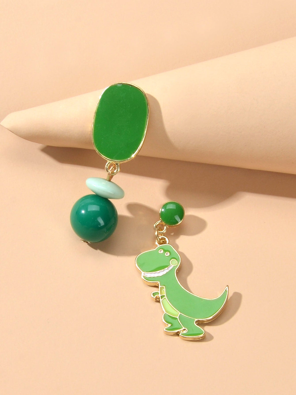 Asymmetrical Cartoon Design Green Beads Enamel Dinosaur Dangle Animal Earrings