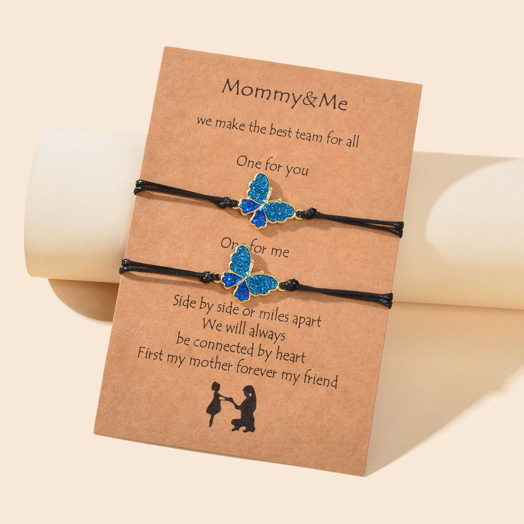 2 pcs Adjustable Black Rope Blue Butterfly Pendant Bracelet Mother's Day Gift