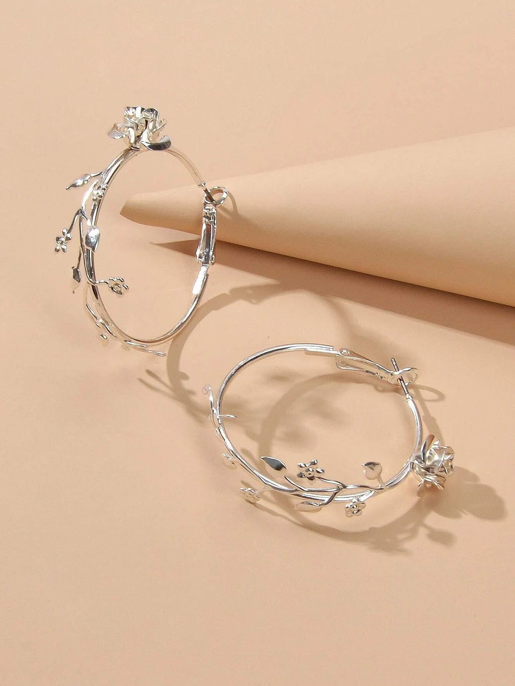 Traditional Silver Leaf Rose Flower Big Dangle Chunky Hoop Statement Earrings