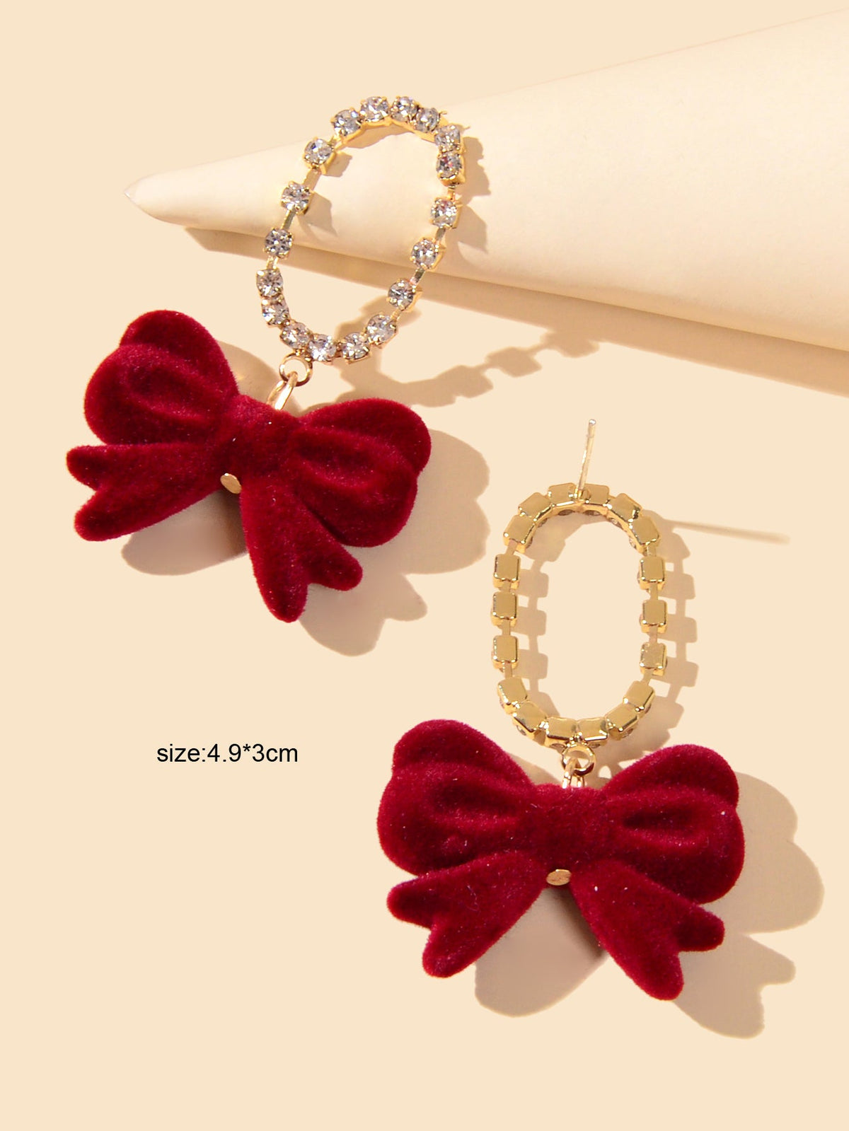 Sparkly Ribbon Bow Dangle Rhinestone Winered Vintage Square Bow Tie Earrings