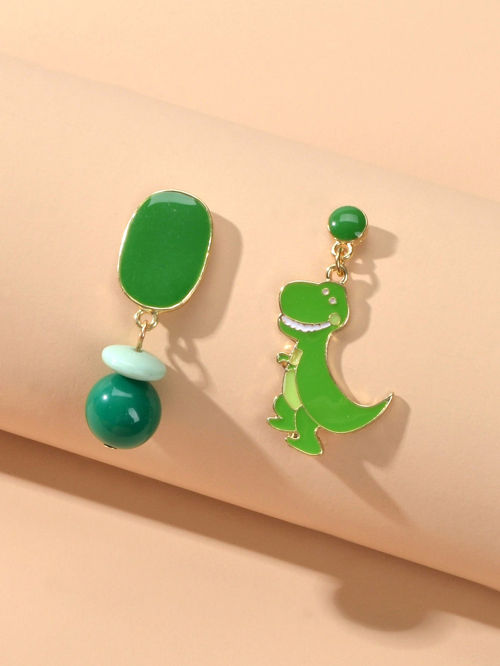 Asymmetrical Cartoon Design Green Beads Enamel Dinosaur Dangle Animal Earrings