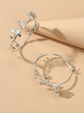 Traditional Silver Leaf Rose Flower Big Dangle Chunky Hoop Statement Earrings