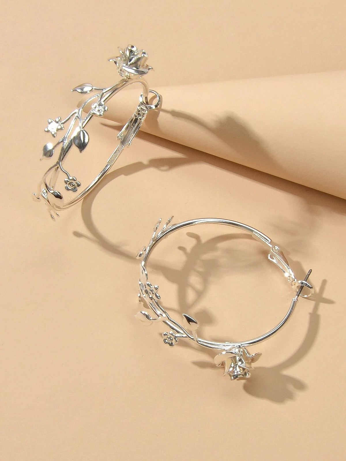 Traditional Silver Leaf Rose Flower Big Dangle Chunky Hoop Statement Earrings