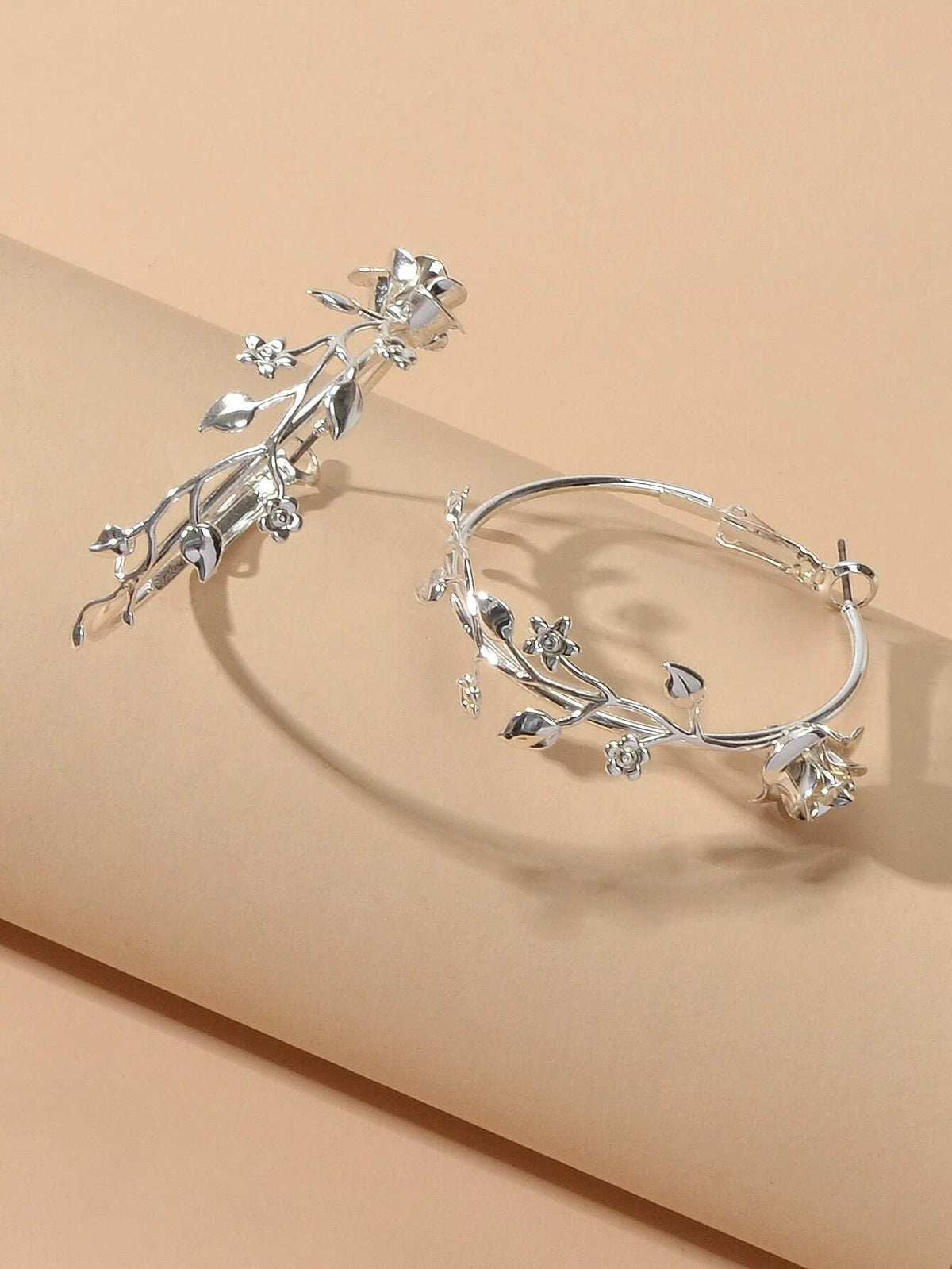 Traditional Silver Leaf Rose Flower Big Dangle Chunky Hoop Statement Earrings