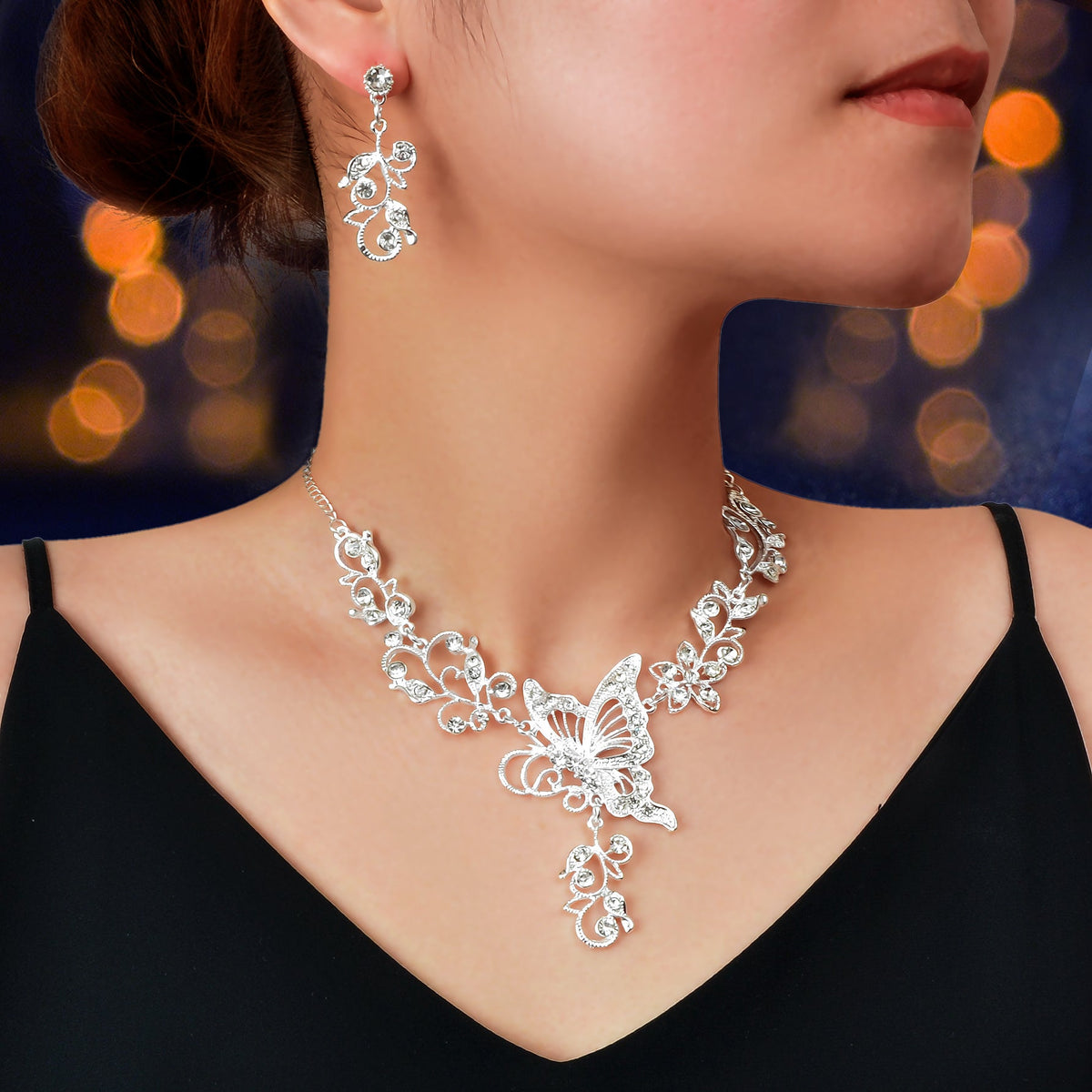 Anniversary Jewellery set Silver Flower Butterfly Collar Necklace Drop Earrings