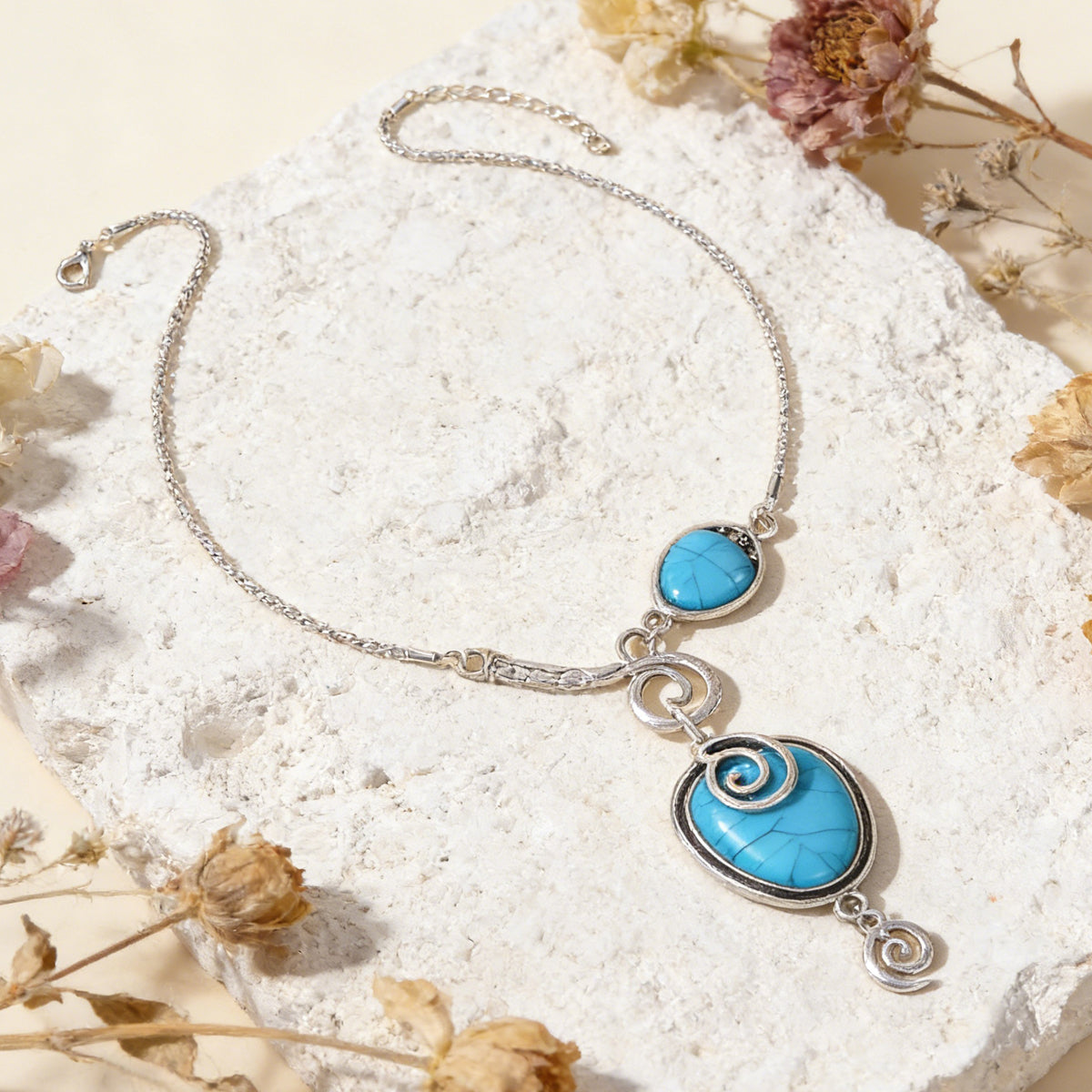 Turquoise Statement Pendant Necklace Antique Silver Jewelry-3