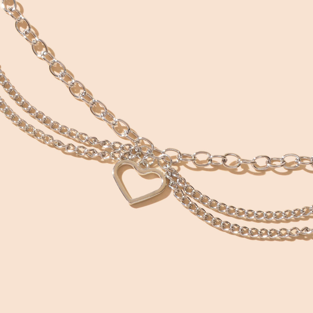 Foot Jewelry Multi-layer Silver Chain Tassel Heart Charm Adjustable Beach Anklet