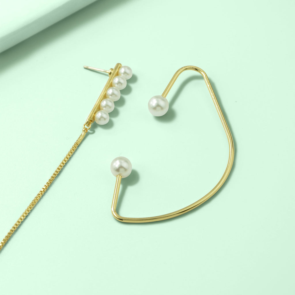 Designer Stylish Pearl Decor Long Gold Chain Charm Asymmetric Earrings Ear Cuff