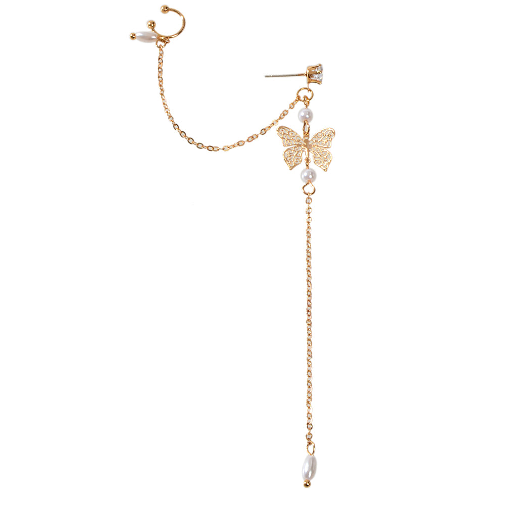 1pc Crystal Pearl Butterfly Long Chain Cartilage Stud Earring Stunning Ear Cuff