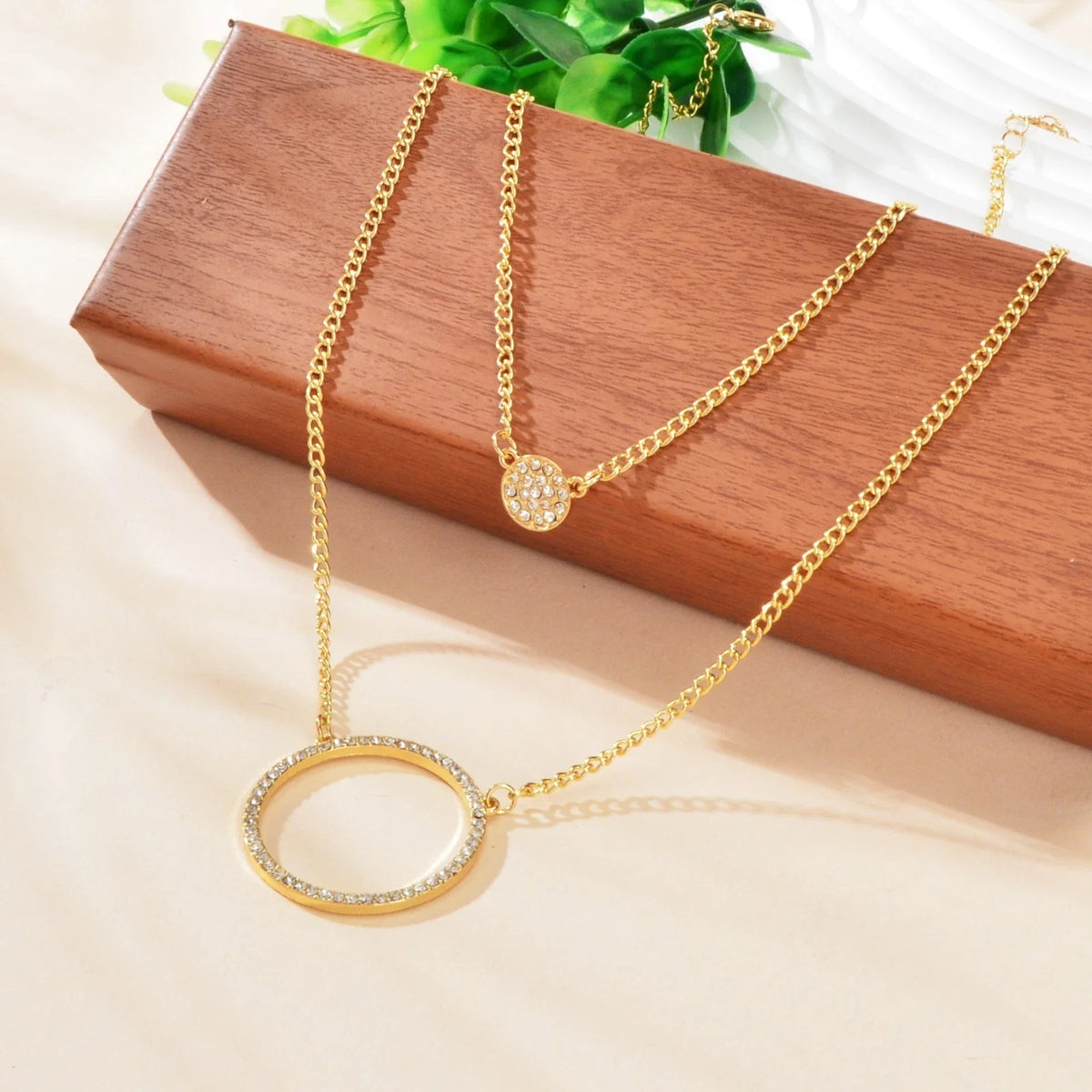 2 pcs Gold Silver Chain Rhinestone Round Circle Pendant Necklace Jewellery Gift-0