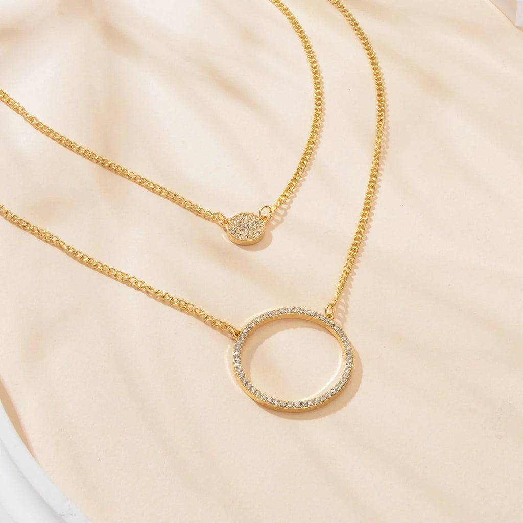 2 pcs Gold Silver Chain Rhinestone Round Circle Pendant Necklace Jewellery Gift-3