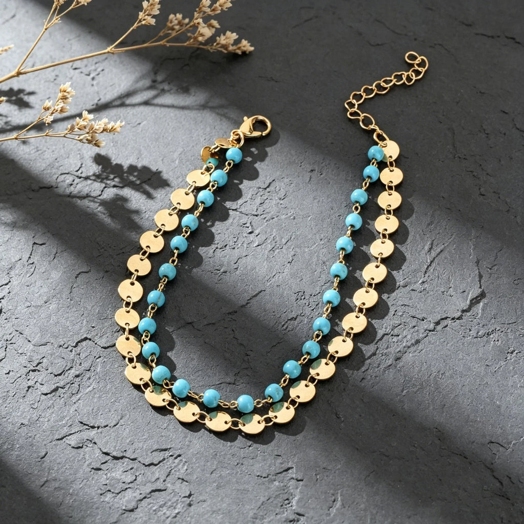 Bohemian Style Beach Vacation Gold Silver Disc Chain Turquoise Bead Layered Anklet Foot