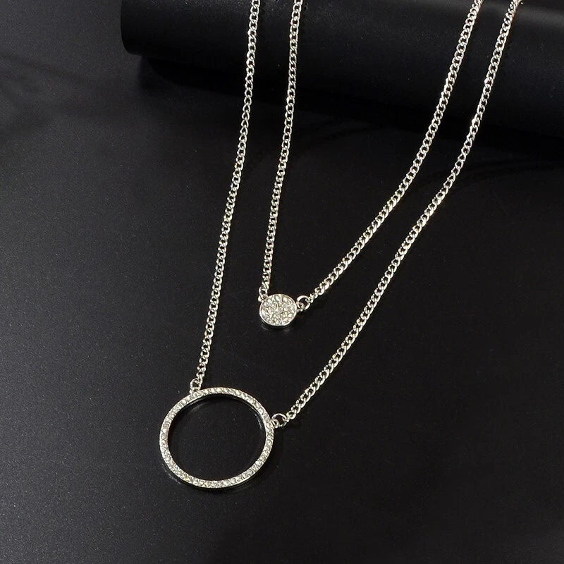 2 pcs Gold Silver Chain Rhinestone Round Circle Pendant Necklace Jewellery Gift-4
