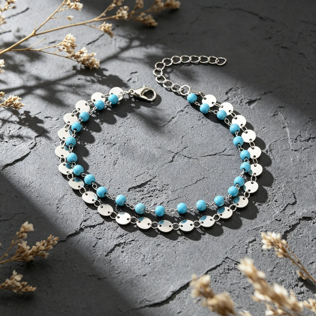 Bohemian Style Beach Vacation Gold Silver Disc Chain Turquoise Bead Layered Anklet Foot-3