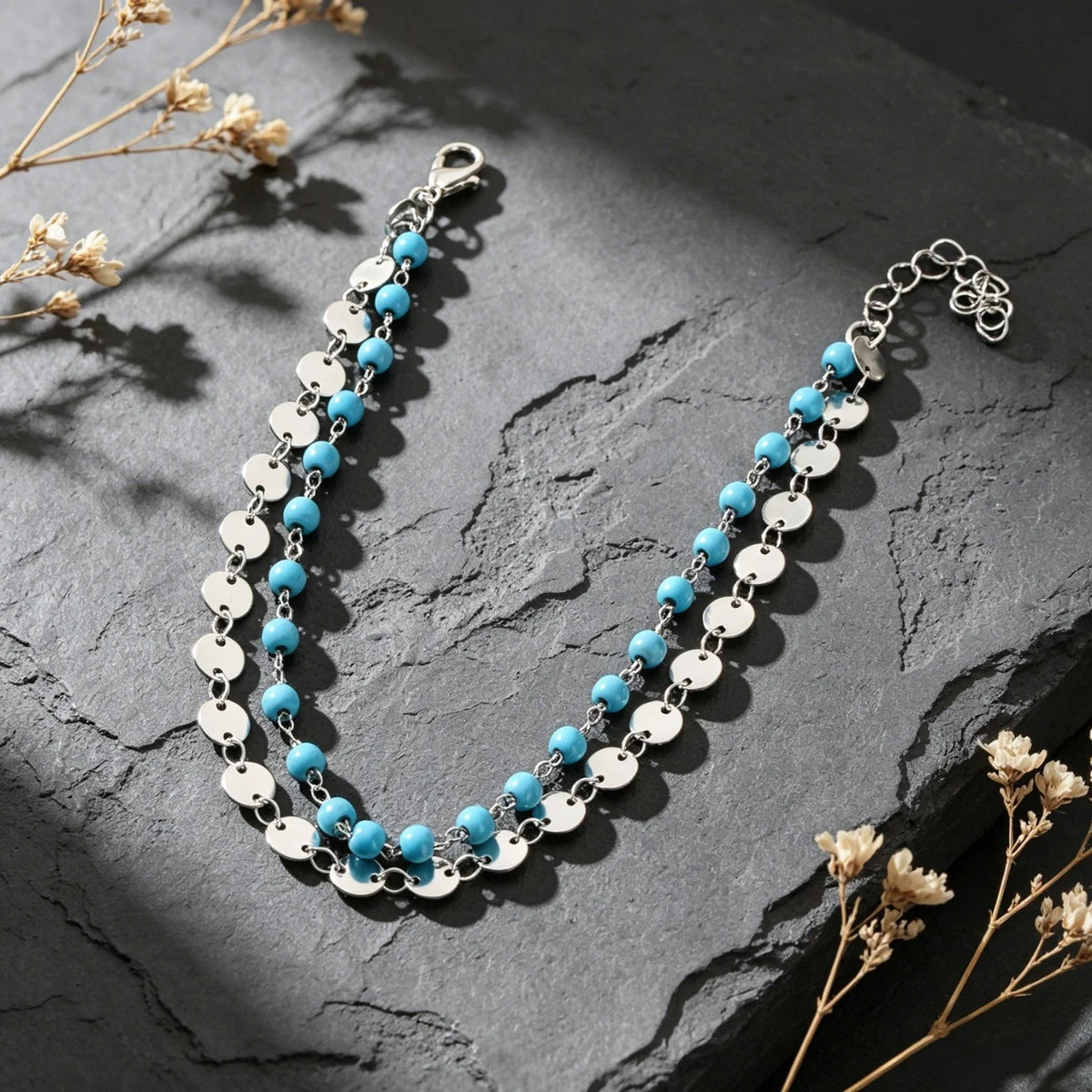 Bohemian Style Beach Vacation Gold Silver Disc Chain Turquoise Bead Layered Anklet Foot-2