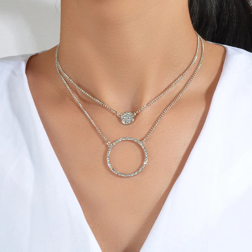2 pcs Gold Silver Chain Rhinestone Round Circle Pendant Necklace Jewellery Gift-1