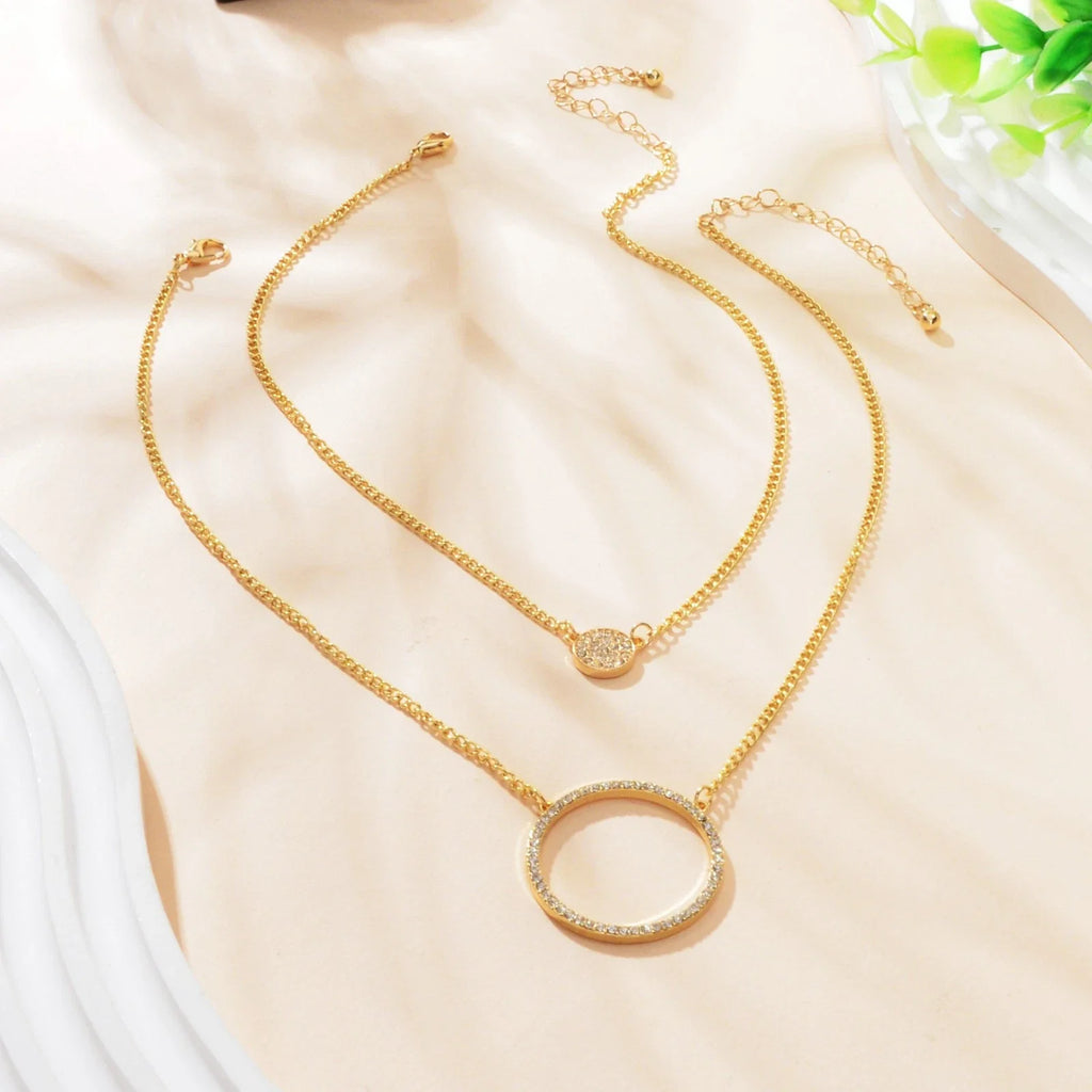 2 pcs Gold Silver Chain Rhinestone Round Circle Pendant Necklace Jewellery Gift-2